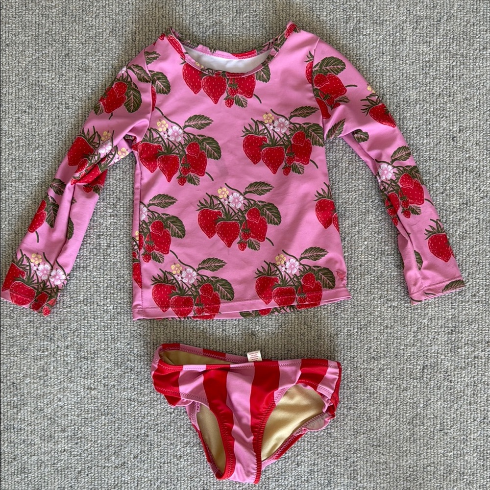 Kids Pink Strawberry Long-Sleeve Rash Guard Swim Set